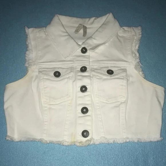 HWY JEANS Sleeveless Cropped White Denim Button Up Vest 2 Chest Pockets Size S - Picture 1 of 9